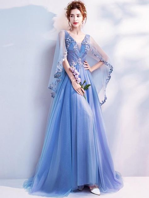 Beadings Embroidery Deep V Neck Fairy Style Blue Elegant Tulle Wedding - dressesstar Alter Clothes, Wicked Fashion, Aesthetic Wear, Style Bleu, Floral Prom Dresses, Fairy Style, Blue Tulle, Fairy Fashion, Tulle Prom Dress