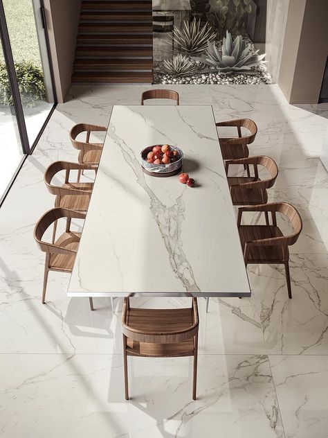 Dining Room With Marble Floor, Dining Table On White Marble Floor, Marble Japandi, Marble Flooring Dining Room, Marble Floor Dining Room, Interior Design Marble Floor, Matt Marble Floor, White Marble Dining Room, White Marble Floor Living Room