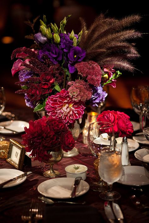 Art Deco Inspired Wedding Speakeasy Wedding Flowers, Art Deco Floral Arrangements, Art Deco Flower Arrangements, Purple Art Deco Wedding, Art Deco Wedding Decorations, 1920s Floral Arrangements, Art Deco Wedding Flowers, Jewel Toned Floral Centerpieces, Purple Art Deco