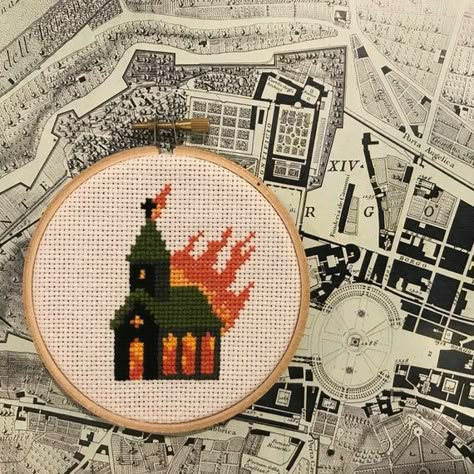 Cursed Crafts, Spooky Office, Burning Church, Satanic Cross, Embroidery Tips, Halloween Cross Stitch Patterns, Beaded Cross Stitch, Pattern Embroidery, Simple Cross Stitch