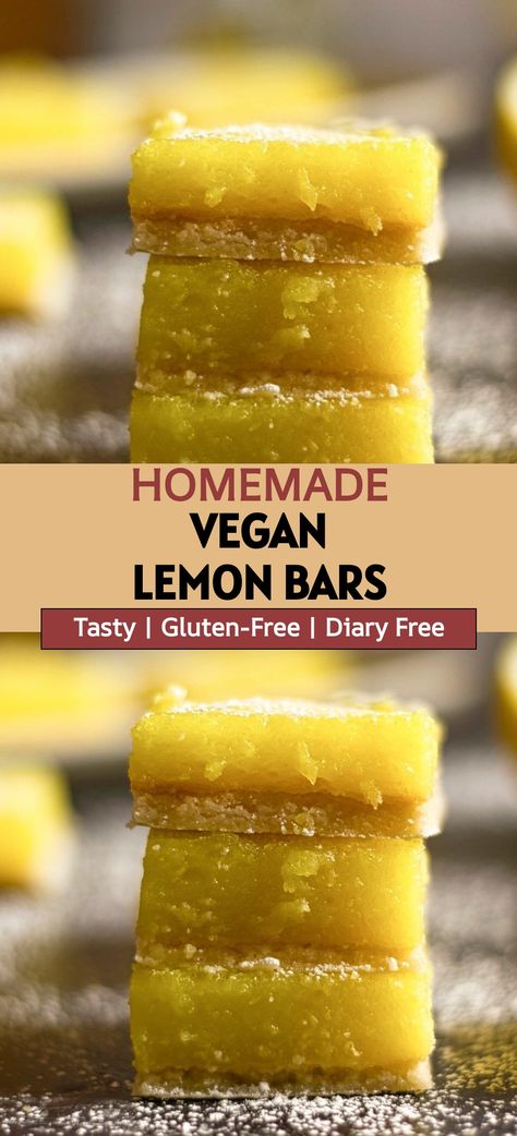 If you like eating vegan or gluten-free foods, here's a yummy recipe for homemade Vegan Gluten Free Lemon Bars. They have a tasty buttery crust that is chewy and delicious. These lemon bars are perfect for people who need to avoid dairy too! You can enjoy them as a treat anytime you want something sweet and tangy. Give this recipe a try and see how easy it is to make your own special treats at home without any animal products or gluten ingredients! Dairy Free Lemon Bars, Gooey Lemon Bars, Lemon Desserts Bars, Vegan Lemon Bars, Gluten Free Lemon Bars, Vegan Christmas Cookies, Lemon Bars Recipe, Lemon Curd Filling, Lemon Squares