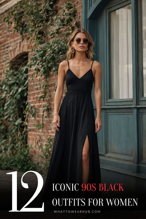 Rediscover iconic black 90s outfits that shaped a generation! These 12 essential looks cover everything from slip dresses to grunge-inspired styles, helping you channel your inner 90s vibe with ease. #90sRetro #BlackOutfits #VintageFashion 90's Slip Dress, 90s Dress Outfit, Black Slip Dress Outfit, All Black Outfits For Women, Black Outfits For Women, 90s Slip Dress, Black Denim Overalls, Black Flannel Shirt, Slip Dress Outfit