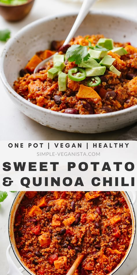 Sweet Potato Quinoa Chili, Quinoa Chili Recipe, Easy Stew Recipes, Hearty Chili Recipe, Sweet Potato Quinoa, Quinoa Chili, Resep Diet, Vegan Chili, Plant Based Meals