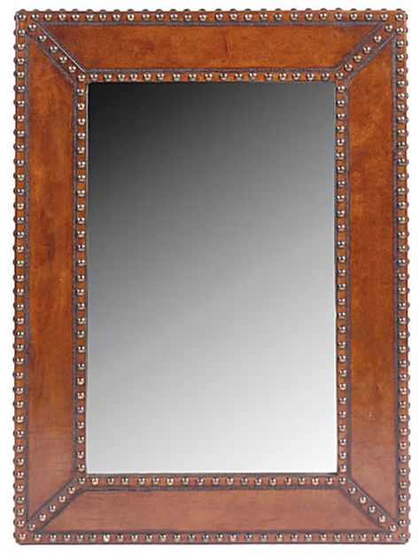 Plain In Nail Heads Mirror Leather Mirror Frame, Western Mirrors, Western Mirror, Hacienda Decor, Frames Painted, Metallic Wall Tiles, Rustic Bathroom Mirrors, Plain Mirror, Spool Furniture