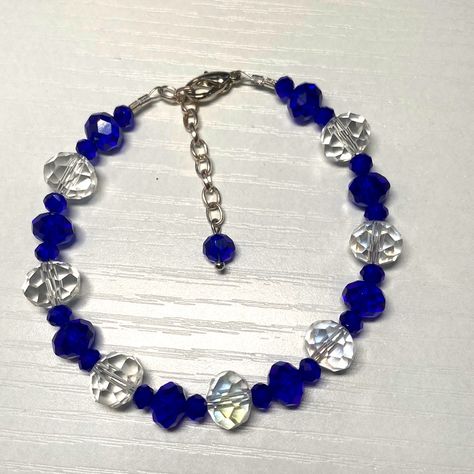 Handmade Beaded Bracelet. Size 6.5 To 8 Inches. Navy Blue Beaded Bracelet, Blue Beaded Bracelets, Glass Beads Jewelry, Glass Beaded Bracelets, Bracelets Handmade Beaded, Jewelry Inspo, Blue And Silver, Bracelet Patterns, Handmade Bracelets