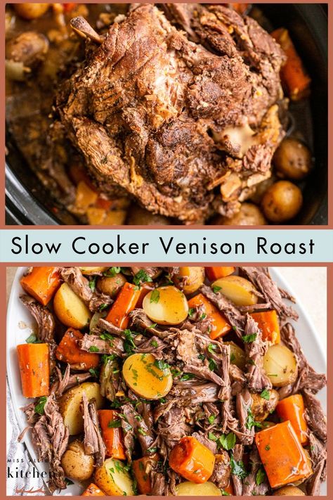 Top photo: cooked venison roast on top of small yellow potatoes & carrots Deer Shoulder Recipes Crock Pot, Slow Cooker Deer Roast, Crock Pot Deer Roast, Antelope Roast Crock Pot, Venison Football Roast Recipes, Mississippi Deer Roast Crockpot, Easy Deer Roast Crockpot Venison Recipes, Deer Roast In Crockpot, Venison Pot Roast Crockpot