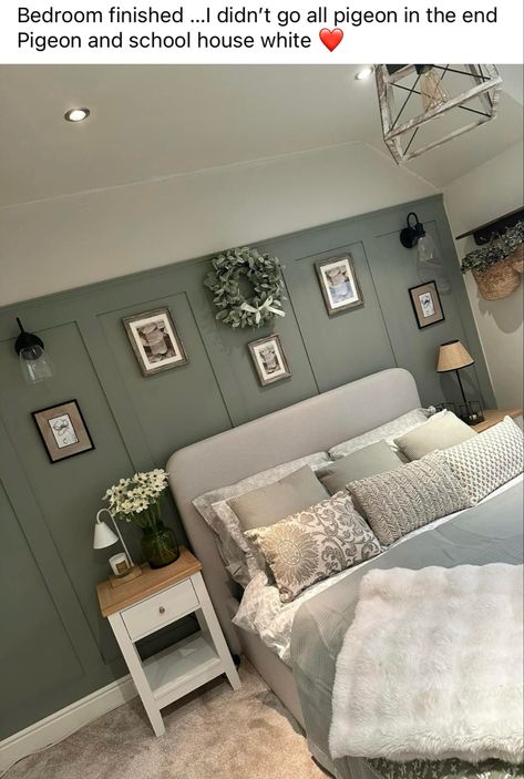 Panelling In Small Bedroom, Feature Kitchen Wall, Bedroom Shaker Panelling, Bedroom Inspo Panelling, Green Bedroom With Panelling, Bedroom White Furniture Color Schemes, Grey Bed Green Wall, Green Panel Bedroom, Sage Green Bedroom Panelling