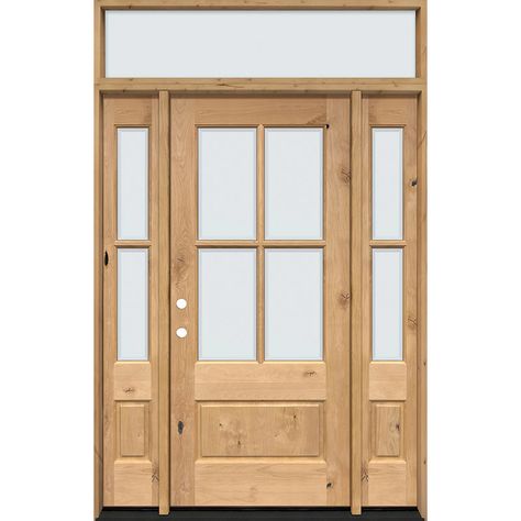 4-Lite Low-E Knotty Alder Prehung Wood Door Unit with Sidelites and Transom - Door Clearance Center Wood Entry Door, Front Door With Side Lights And Transom, Front Door With One Sidelight And Transom, Entry Door With Sidelights And Transom, Single Front Door With Sidelights And Transom, Single Door With Transom, Interior Shaker Doors, White Oak Front Doors, Knotty Alder Kitchen