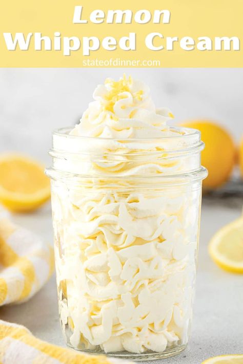 Lemon Whipped Cream Lemon Icing Recipe, Lemon Ideas, Diy Whipped Cream, Bourbon Whipped Cream, Perfect Whipped Cream, Lemon Whipped Cream, Cream Filling Recipe, Vanilla Sheet Cakes, Flavored Whipped Cream