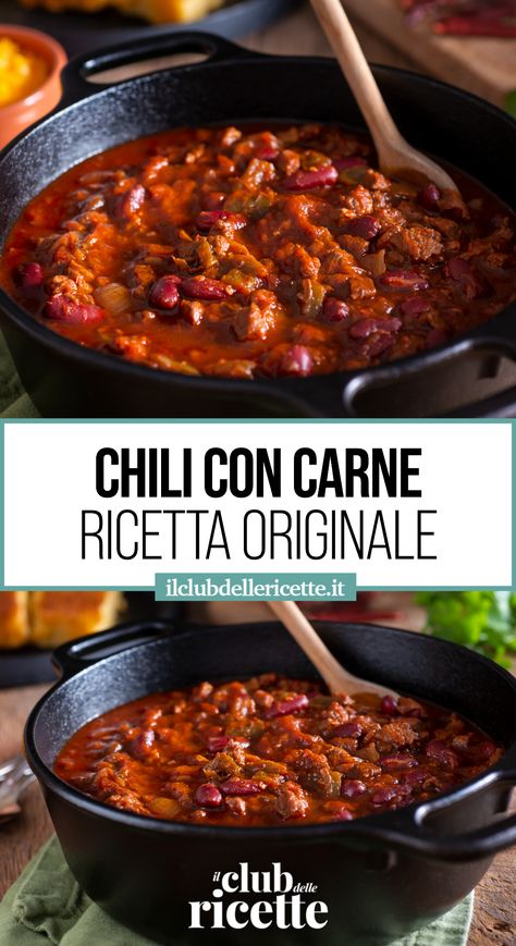 La Ricetta del Chili con Carne vi permetterà di realizzare un piatto speziato e confortante è perfetto per riscaldare le serate in compagnia, offrendo un’esplosione di gusto ad ogni cucchiaiata.   La sua preparazione non è complicata, ma richiede attenzione nella scelta degli ingredienti e pazienza durante la cottura lenta, che permette ai sapori di amalgamarsi perfettamente. Con Carne Recipe, Mexican Party, Tex Mex, Chili, Comfort Food, Tacos, Chef, Good Food, Pasta