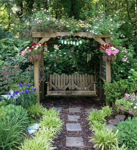 Bench In Flower Bed Front Yards, Cottage Garden With Bench, Garden Arbor With Bench, Garden Arch With Bench, Backyard Bench Garden, Bench Area In Garden, Flower Garden With Bench, Garden Bench Area, Cottage Garden Arbor