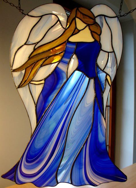 Blue Lady with angel wings, stained glass - picture only Stained Glass Angels, Glass Angels, Stain Glass Patterns, Stained Glass Patterns Free, Stained Glass Angel, Mosaic Stained, Stained Glass Christmas, Stained Glass Diy, زجاج ملون