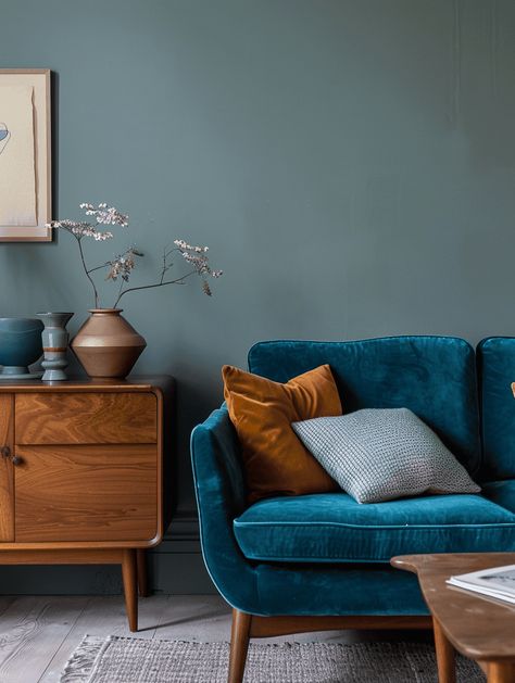 123 Teal Living Room Ideas [INSPIRATION Photo Post] Dark Teal Sofa Living Room, Decorating With Teal Living Rooms, Light Teal Living Room, Turquoise Couch Living Room Ideas, Turquoise Walls Living Room, Blue Orange Living Room, Teal And Orange Living Room, Dark Teal Living Room, Turquoise Interior Design