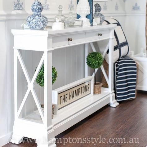 Our Nantucket Hall Table is the perfect piece for a small entryway or the end of the hallway.⠀ Shop ~ Sanctuary Cove & James Street New Farm⠀ www.hamptonsstyle.com.au Hamptons Hallway, Hamptons Style Living Room, Hamptons Style Decor, Home Stuff, Blue White Ceramic, Cottage Coastal, White Console Table, Dining Inspiration, Casa Country