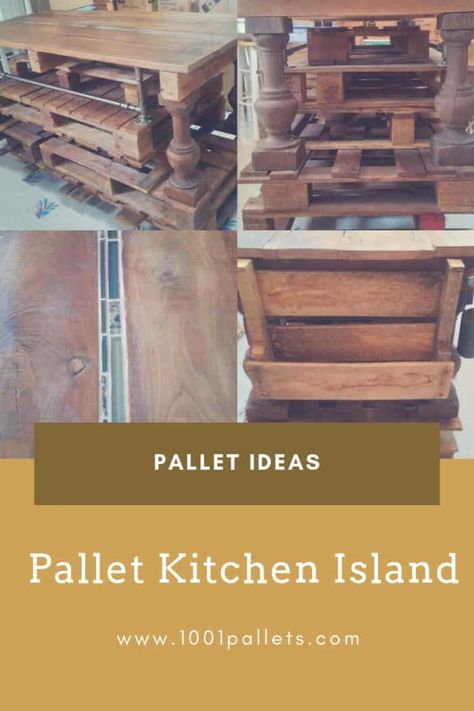 Kitchen island made out of multiple pallets sanded and stained,  inlaid with tile in between pallet top surface and pipe fittings added for stability. Church pew railings post added to corners.  #Kitchen, #PalletKitchenIsland, #RecyclingWoodPallets #PalletCoffeeTables Kitchen Pallet Ideas, Pallet Organization Ideas, Pallet Kitchen Island, Pallet Projects Decor, Pallet Projects Signs, Industrial Style Coffee Table, Recycled Diy, Pallet Projects Garden, Pallet Kitchen