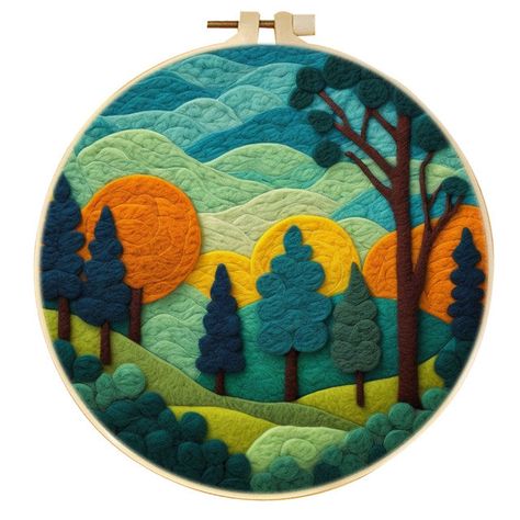 Needle Felting kit - Forest at Sunset Felt On Canvas, Needle Felting Artwork, 2d Needle Felting, Needle Felt Art, Forest At Sunset, Wool Painting, Felting Needles, World Famous Paintings, Note Pad Covers