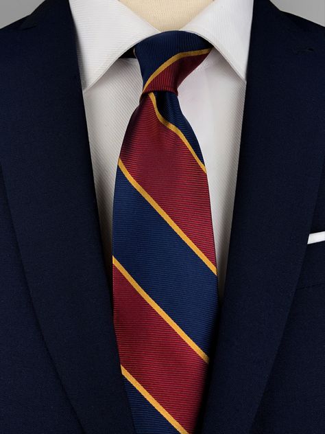 Beautiful rust and blue regimental tie with a hind of gold, perfect for office wear. Regimental Tie, Types Of Ties, Shirt And Tie Combinations, Southern Preppy, Fashion Ecommerce, Blue Suit Men, Preppy Southern, Ivy Style, Classic Clothing