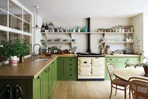 Plain English Kitchen, Farmhouse Side Table, English Kitchens, Green Cabinets, London House, Kitchen Paint, Kitchen Diner, Stylish Kitchen, Green Kitchen