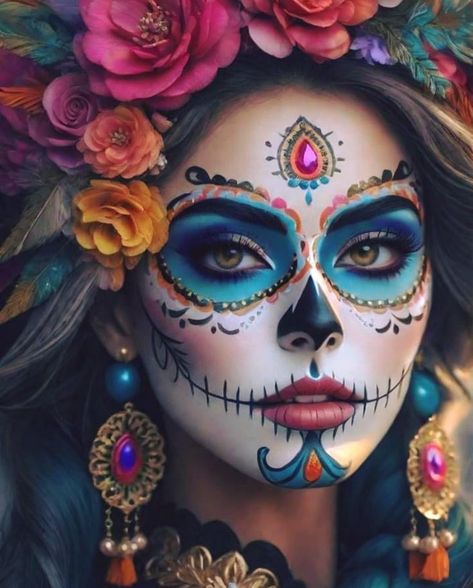 Sugar Skull Make Up Tutorial, Sugarskulls Makeup Halloween, Dia De Los Muertos Headpiece Ideas Diy, Catrina Face Makeup, Diy Catrina Costume, Mexican Halloween Makeup, Diy Sugar Skull Costume, Catrina Headpiece Diy, Dia De Los Muertos Makeup For Women