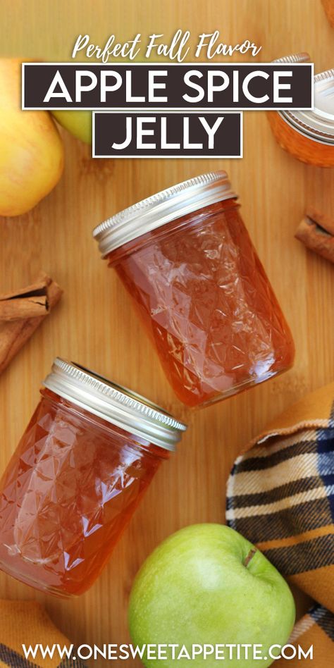 Apple Cinnamon Jelly Canning Recipes, Cinnamon Apple Jelly Recipe, Cinnamon Jelly Recipe, Apple Pie Jelly Recipe, Unripe Apple Recipes, Spiced Apple Jelly Recipe, Spiced Apples Canning, Fall Canning Ideas, Fall Jelly Recipes