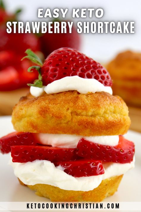 This easy Strawberry Shortcake is loaded with fresh, juicy strawberries and homemade whipped topping that's all nestled between the layers of a fluffy low carb biscuit! Only taking 20 minutes to prepare, they make the perfect last-minute dessert! #ketostrawberryshortcake #glutenfreeshortcake #strawberryshortcake Homemade Whipped Topping, Gluten Free Shortcake, Easy Strawberry Shortcake, Keto Cakes, Low Carb Biscuit, Keto Eating, Keto Baking, Wholesome Yum, Trifle Dish