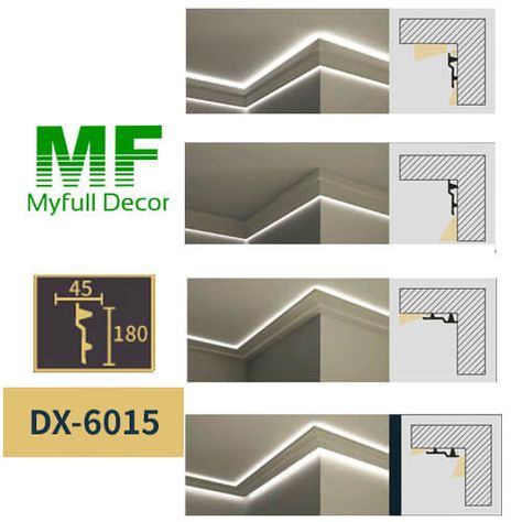 Crown Molding with LED light DX-6015 -Myfull Decor Modern Crown Molding Led, Modern Crown Molding With Led Lights, Led Trim Lighting, Bedroom Cove Lighting Ceiling, Ceiling Trim With Led Lights, Crown Molding Lighting Bedroom, Led Crown Molding, Led Lights On Ceiling, Ceiling Uplighting