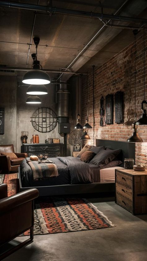 Men’s Studio Apartments, Grungy Living Room, Brick Bedroom Ideas, Cozy Industrial Bedroom, Gentleman Room, Men Bedroom Design, Best Greige Paint, Best Greige, Restaurant Design Rustic