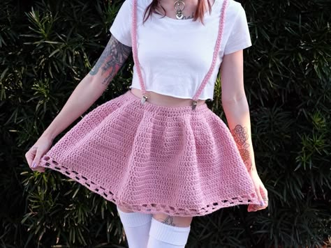 Finished this beautiful crochet pink skirt with crochet suspenders! I’m in love! 😍🥰💗✨ #ambientelement #elements #crochet #knit #skirt #suspenders #kawaii #cute #pink #handmade #clothing #madewithlove Crochet Mushroom Skirt, Crochet Suspenders, Suspender Skirt Pattern, Pastel Goth Crochet, Handmade Pink Crochet Dress In Cute Style, Crochet Suspender Skirt, Cute Pink Crochet Dress, Handmade Pink Crochet Dress Cute Style, Crochet Shirt Free Pattern