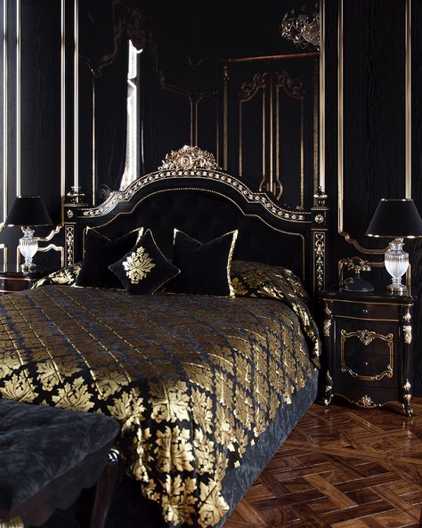 Showcase and discover creative work on the world's leading online platform for creative industries. Gold Bedroom Ideas, Black Gold Bedroom, Blue And Gold Bedroom, Royal Bedroom, Gold Bedroom Decor, Gothic Bedroom, Gold Rooms, Luxury Bedroom Design, Gold Bedroom