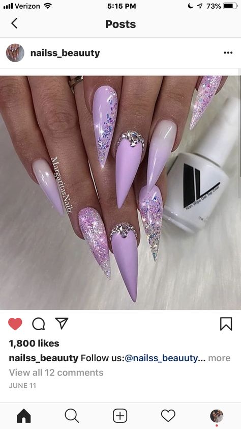 Lavender Acrylic Nails, Purple Stiletto Nails, Unicorn Nails Designs, Acrylic Nails Stiletto, Stilleto Nails Designs, Pretty Nail Colors, Lavender Nails, Unicorn Nails, Nails Design With Rhinestones