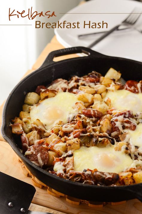 Kielbasa Breakfast Hash - A filling breakfast, thrown together in 30 minutes! | Get the recipe on MyCookingSpot.com! Kielbasa Breakfast, Breakfast Kielbasa, Kielbasa And Eggs, Keilbasa Breakfast, Kielbasa Breakfast Recipes, Potato And Egg Breakfast, Baked Breakfast Casserole, Kielbasa Recipes, Breakfast Hash