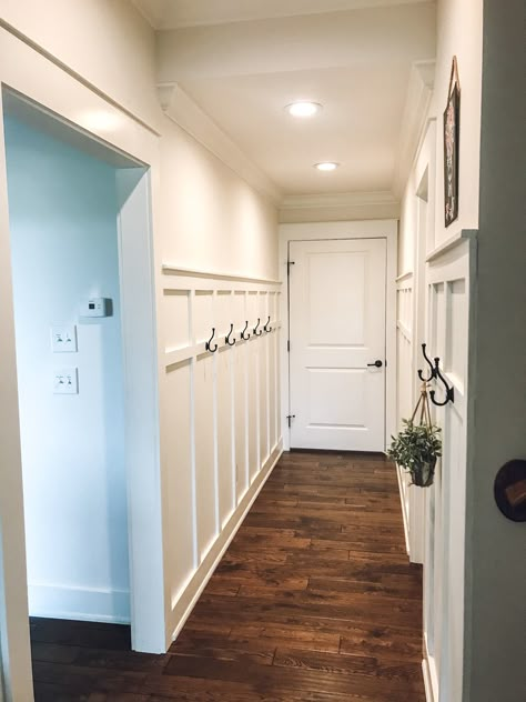 Hallway To Garage Entryway, Garage Hallway Ideas, Hallway From Garage To House, Board And Batten Wall Long Hallway, Entrance From Garage To House, Garage Foyer Entry Ways, Long Mudroom Hallway, Garage Entry Hallway Ideas, Garage Entrance To House Entryway