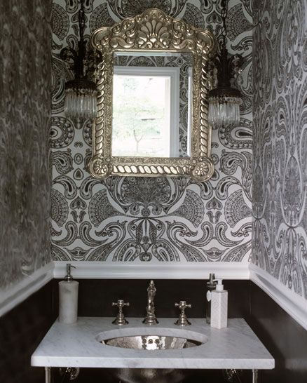 love the paisley, the lights and mirror might just add some bright teal in there for colour. Silver Marble Wallpaper, Monochromatic Wallpaper, Fitness Wallpaper, Flock Wallpaper, Black White Bathrooms, Powder Room Wallpaper, Wallpaper Interior Design, Paisley Wallpaper, Powder Room Design