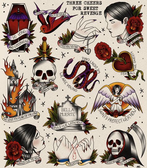 Traditional Tattoo Halloween, Emo Night, Three Cheers For Sweet Revenge, Emo Tattoos, Traditional Tattoo Old School, Punk Tattoo, Traditional Tattoo Inspiration, Lyric Tattoos, Flash Tattoo Designs