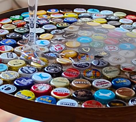 Beer Cap Table 7 Bottle Cap Table Top Diy, Beer Bottle Cap Table, Bottle Cap Table Designs, Diy Bottle Cap Table, Bottle Cap Table Top, Beer Cap Epoxy Table, Epoxy Beer Cap Table, Bottle Top Tables, Bottle Cap Resin Table Top Diy