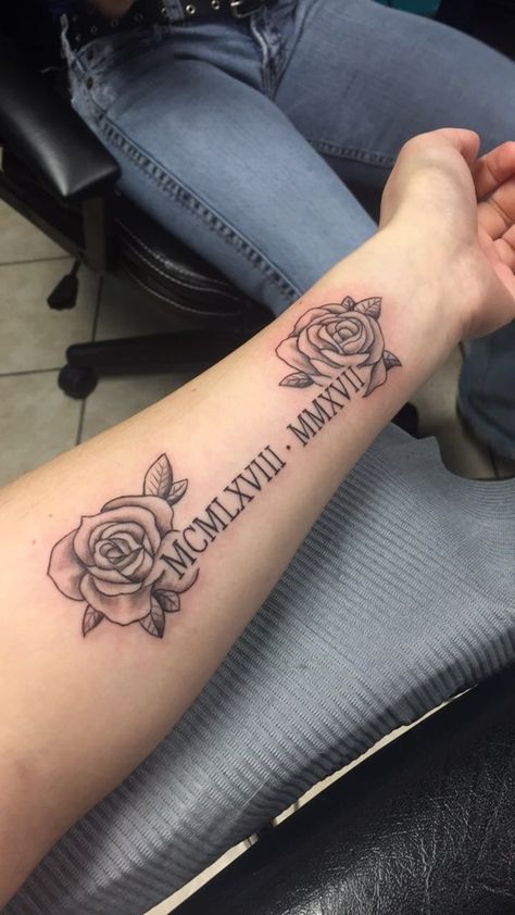 Rose Tattoo With Roman Numerals Stem, Roman Numeral Tattoo With Flowers, Roman Numeral Tattoo With Name, Numbers With Flowers, Anniversary Date Ideas, Luis Tattoo, Half Sleeve Rose Tattoo, Spiritual Hand, Roman Numbers Tattoo