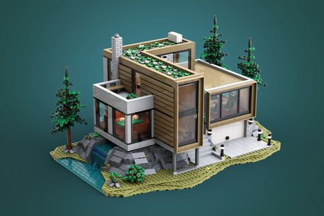 🏠 Welcome to this architect-designed house.🌲 Nestled in a coniferous forest within a rocky valley, this house offers comfort and modernity to its ... Lego Dream House, Modern Lego House, Cool Lego Houses, Lego Ideas House, Simple Lego Builds, Lego Modern House, Play Architecture, Lego Mansion, Lego Fortnite