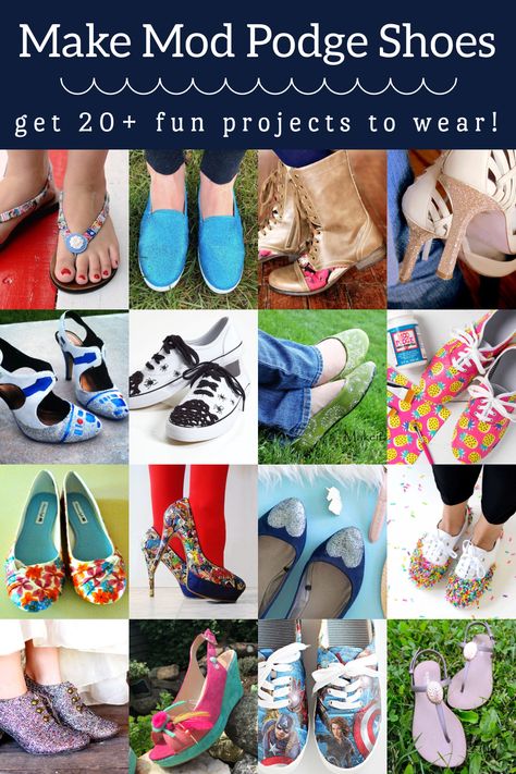 Mod Podge shoes are a great way to revamp your wardrobe on a budget. Here are 20+ inspirational ideas - pick your favorite DIY decoupage shoes project and get crafty! Mod Podge Shoes, Diy Fabric Shoes, Fabric Covered Shoes, Decoupage Shoes, Upcycle Shoes, Mod Podge Fabric, Diy Mod Podge, Diy Decoupage, Shoe Refashion