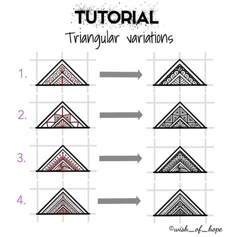 Hope ♡ on Instagram: “✨🔸 Tutorial: Triangle Variations 🔸✨ (zoom in!) • You guys seemed to love my tutorial on leaf variations so here are some different triangle…” Triangle Mandala Design, Triangle Mandala, Zentangle Pattern, Zentangle Tutorial, To Love, Zen Tangle, Doodle Art Drawing, Mandala Design Pattern, Mandala Art Lesson