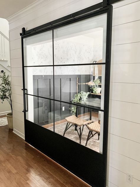 Home Office Sliding Black Glass Door Reveal | Bless This Nest Glass Office Doors, American Farmhouse Style, Glass Office, Office Door, American Farmhouse, Door Detail, Small Hallways, Small Home Office, Sound Insulation