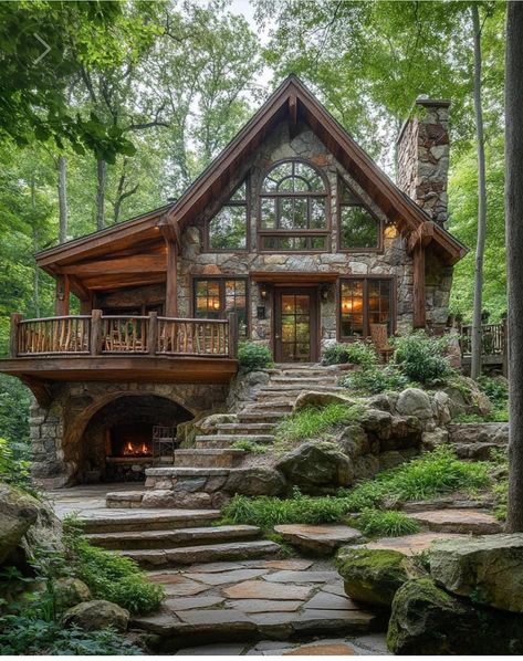 Small Mountain Home Plans, Built Into Hillside, House Built Into Hillside, Aesthetic House Exterior, Lindal Homes, Small Stone Cottage, Timber Frame Cabin, Fairytale Forest, Woodland House