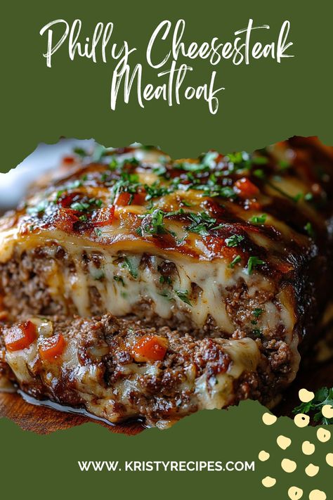 Philly Cheesesteak Meatloaf is a flavorful twist on two comfort food classics. Juicy ground beef, sautéed onions, peppers, and mushrooms are layered with melty provolone cheese and topped with a tangy glaze, creating a satisfying dish perfect for dinner. #phillycheesesteak #foodie #cheesesteaks #philly #cheese Meatloaf With Cheese Recipes, Philly Cheese Steak Meatloaf Recipes, Philly Cheese Meatloaf, Cheese Burger Meatloaf, Philly Meatloaf, Meatloaf With Cheese Inside, Philly Cheesesteak Meatloaf, Philly Cheese Steak Meatloaf, Layered Meatloaf