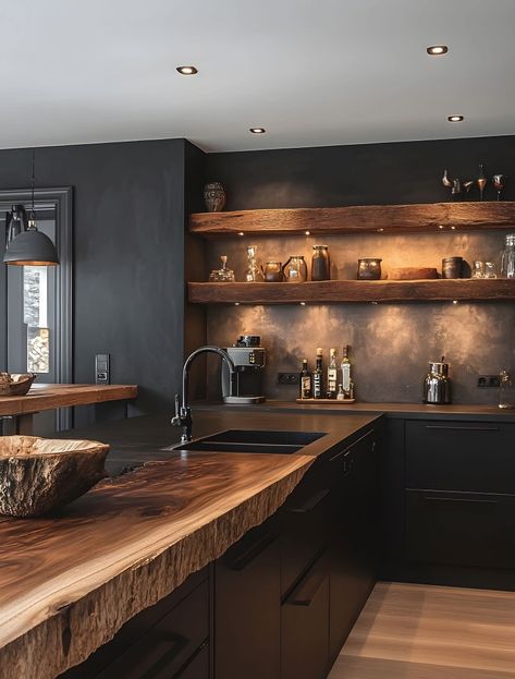 Kitchen No Upper Cabinets, Black Home Interior, Dark Modern Home, Dark Wood Kitchen Cabinets, Dark Wood Kitchens, Barn Kitchen, Cosy Kitchen, Wood Interior Design, Black Kitchen Cabinets