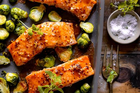 Salmon And Brussel Sprouts Sheet Pan, Brussel Sprouts Maple Syrup, Salmon Brussel Sprouts, Salmon And Brussel Sprouts, Maple Dijon Salmon, Dijon Salmon, Dijon Sauce, Salmon Filets, Vegetarian Crockpot Recipes