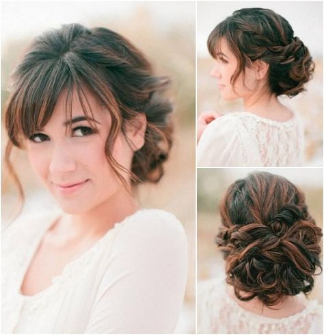 21 Most Beautiful Wedding Hairstyles with Bangs – Hottest Haircuts Low Updo With Bangs, Fringe Updo Hairstyles, Wedding Updo With Bangs, Bride With Bangs, Wavy Bridal Hair, Haircut Options, Formal Hairdos, Hairstyles Formal, Wavy Wedding Hair