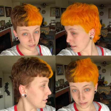 Yellow and brown split dye mullet Orange And Brown Hair Split Dye, Pixie Split Dye, Pixie Split Dyed Hair, Hair Dye Mullet, Split Dye Pixie Cut, Brown Split Dye, Split Dye Mullet, Orange Mullet, Brown Pixie Hair