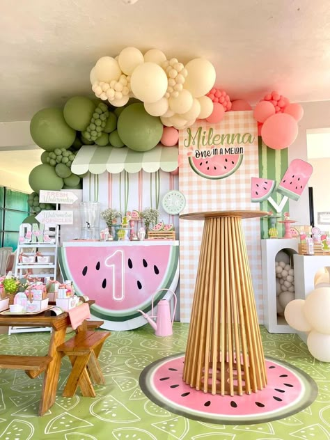 Watermelon Themed Birthday Party Decorations, One In A Melon Backdrop, One In A Melon First Birthday, Watermelon Backdrop, Watermelon Themed Birthday Party, Watermelon Birthday Party Theme, 1 Year Birthday Party Ideas, Baby First Birthday Themes, Baby Birthday Photoshoot