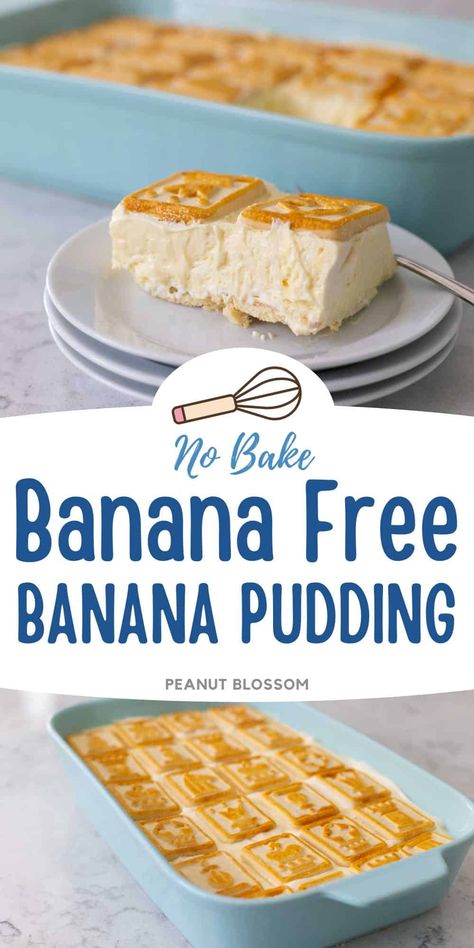 This easy potluck dessert recipe is a classic southern church dessert. While it usually features fresh bananas layered in the creamy pudding mix, this recipe is completely banana free for anyone who has an allergy or strong aversion to banana flavor. Banana Pudding No Bananas, Derby Desserts, Strawberry Banana Pudding Recipe, Bbq Deserts, Southern Potluck, Chessman Banana Pudding, Paula Deen Banana Pudding Recipe, Potluck Recipes Dessert, Easy Potluck Desserts