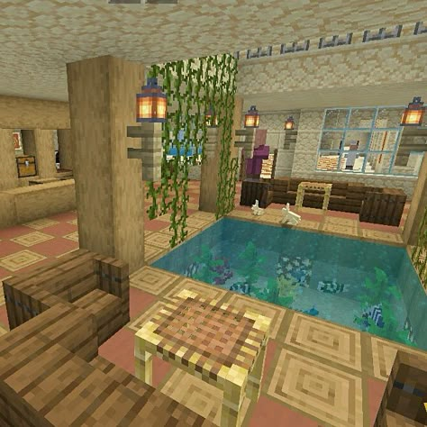 Lounge Minecraft Ideas, Conversation Pit Minecraft, Minecraft Vanilla Interior, Outside Building Ideas, Minecraft Desert Interior, Hotel Ideas Minecraft, Minecraft Mall Interior, Dessert Minecraft House, Minecraft Resort Ideas