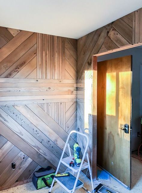 The Basics of Building a Graphic Wood Accent Wall | Banyan Bridges Wood Panel Corner Wall, Diagonal Wood Accent Wall, Banyan Bridges, Cedar Fence Boards, Wood Feature Wall, Wall Heater, Stud Finder, Walls Ideas, Wood Walls